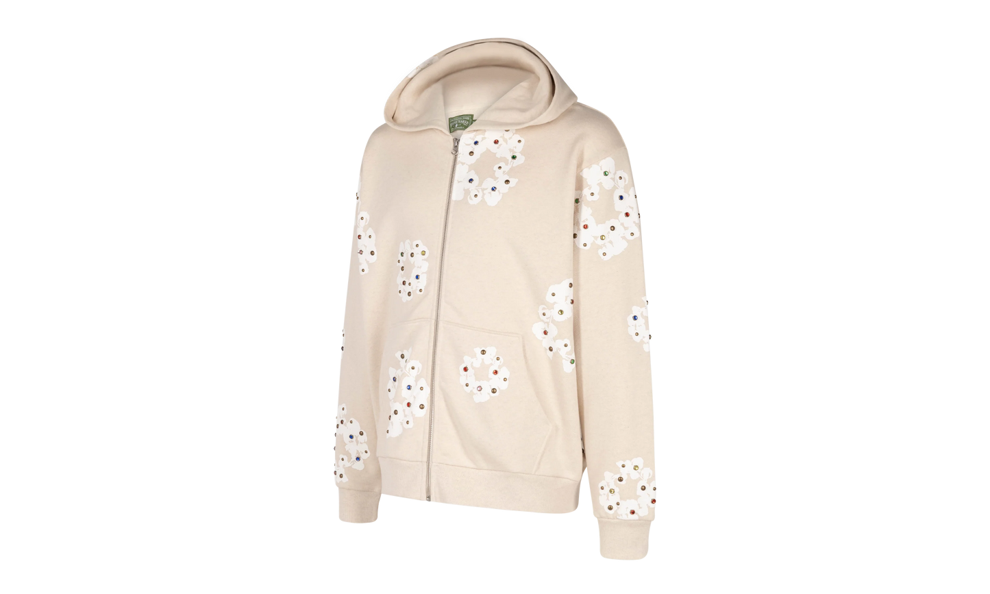 Rhinestone Cotton Wreath Zip Hoodie "Oatmeal" DT027