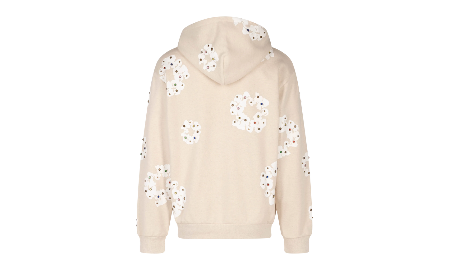 Rhinestone Cotton Wreath Zip Hoodie "Oatmeal" DT027