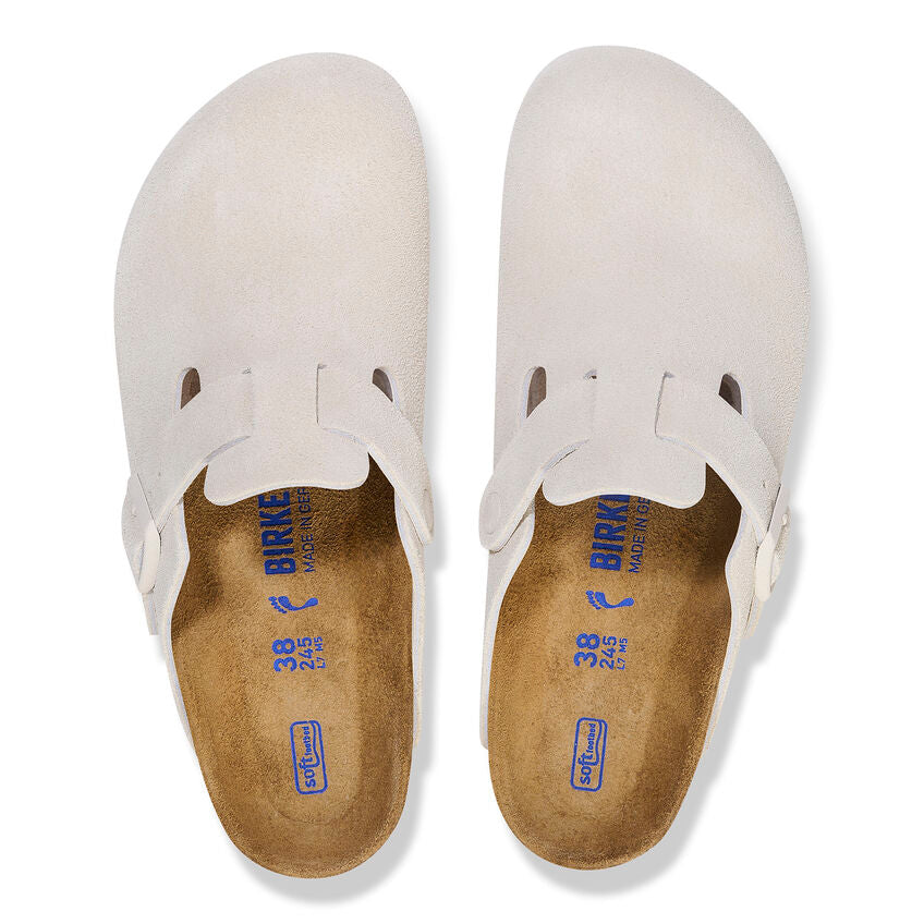 Boston Suede Leather Soft Footbed Clog in Antique White