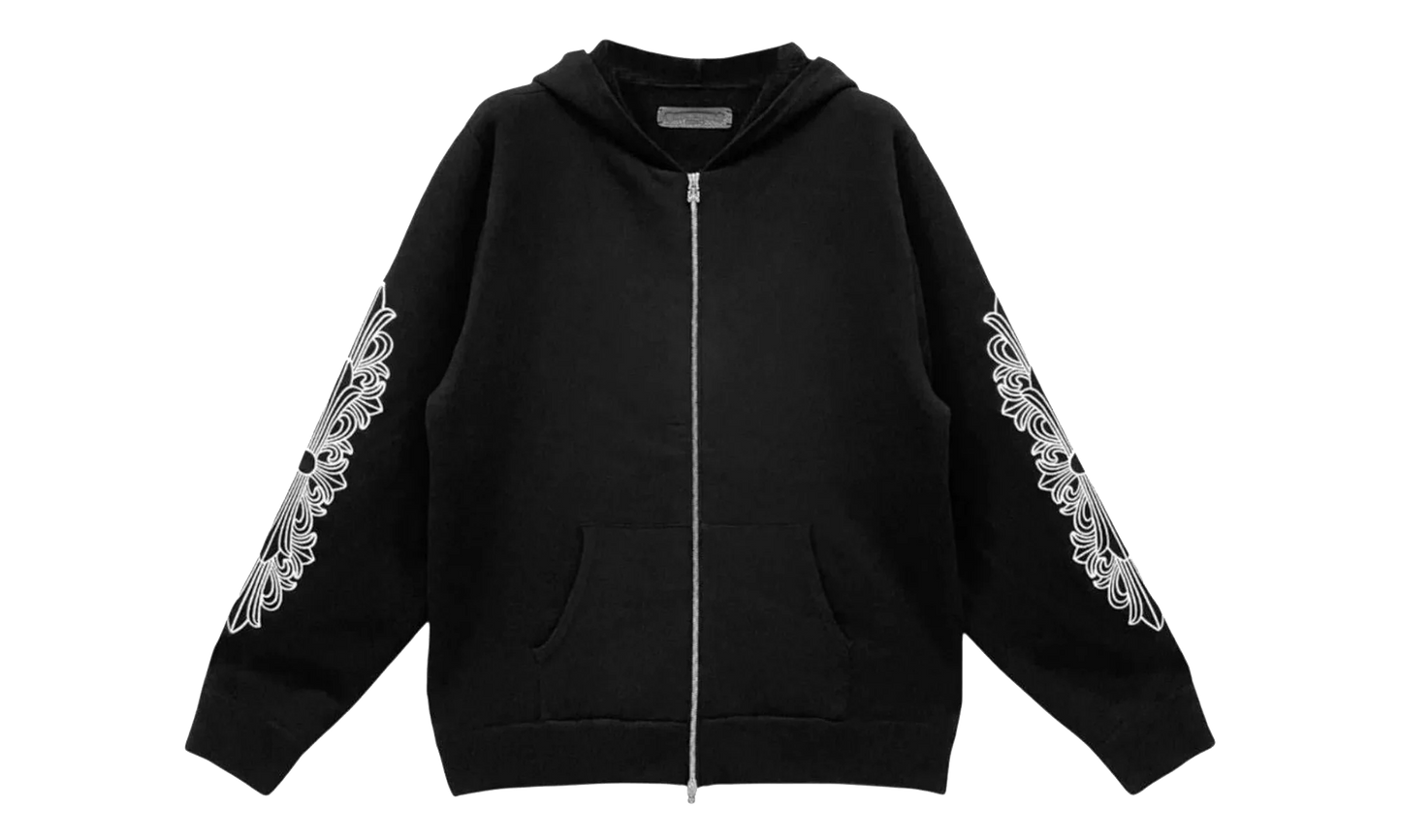 Cashmere Embroidered Floral Sleeve Zip-Up Hoodie "Black" CHRM1011