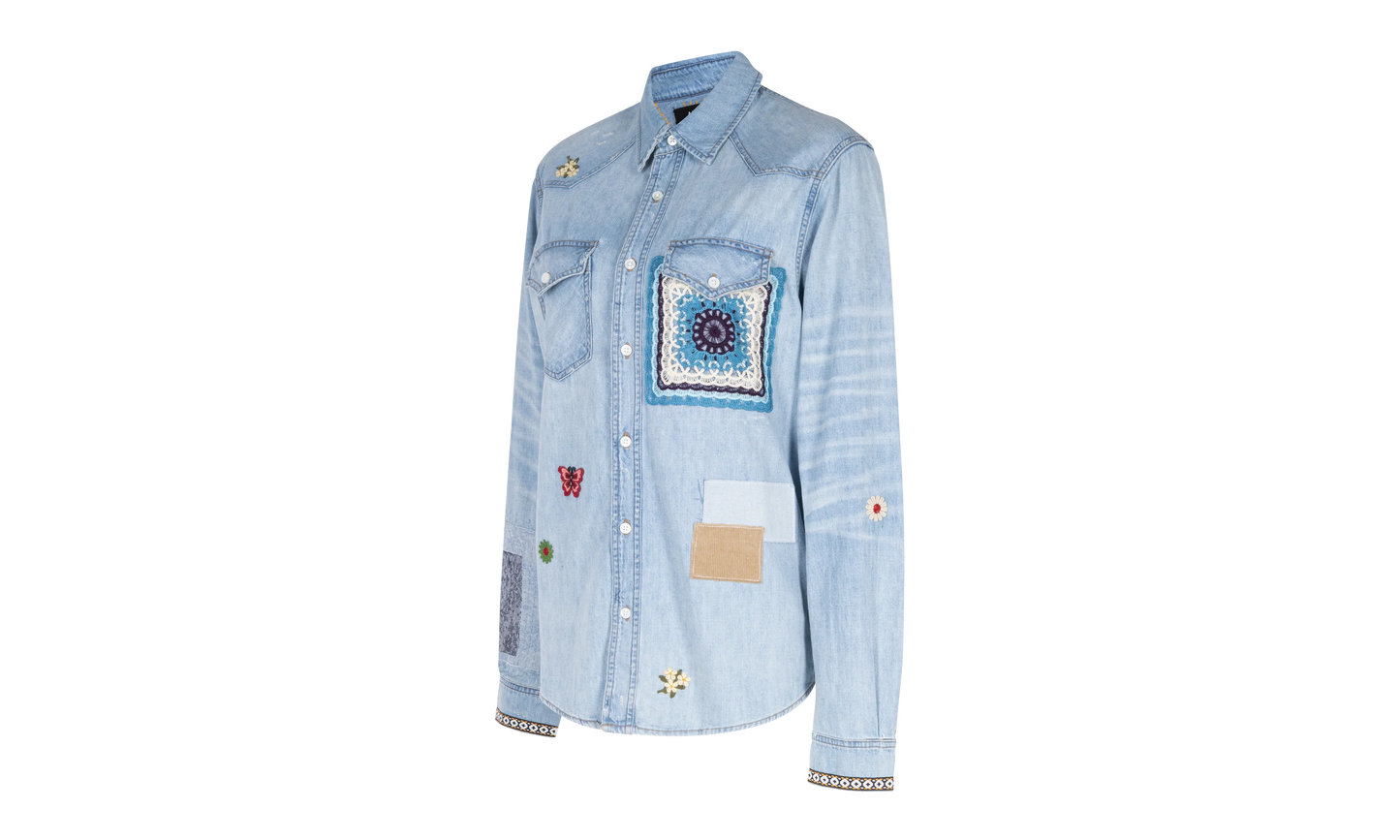 Crochet And Patch Denim Shirt "Blue" XTPS 0219