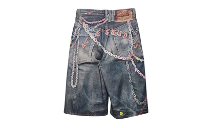 Loose Fit Denim Shorts "Trompe L'oeil Keychains Print" FN MN SHOR000264 MID INDIGO