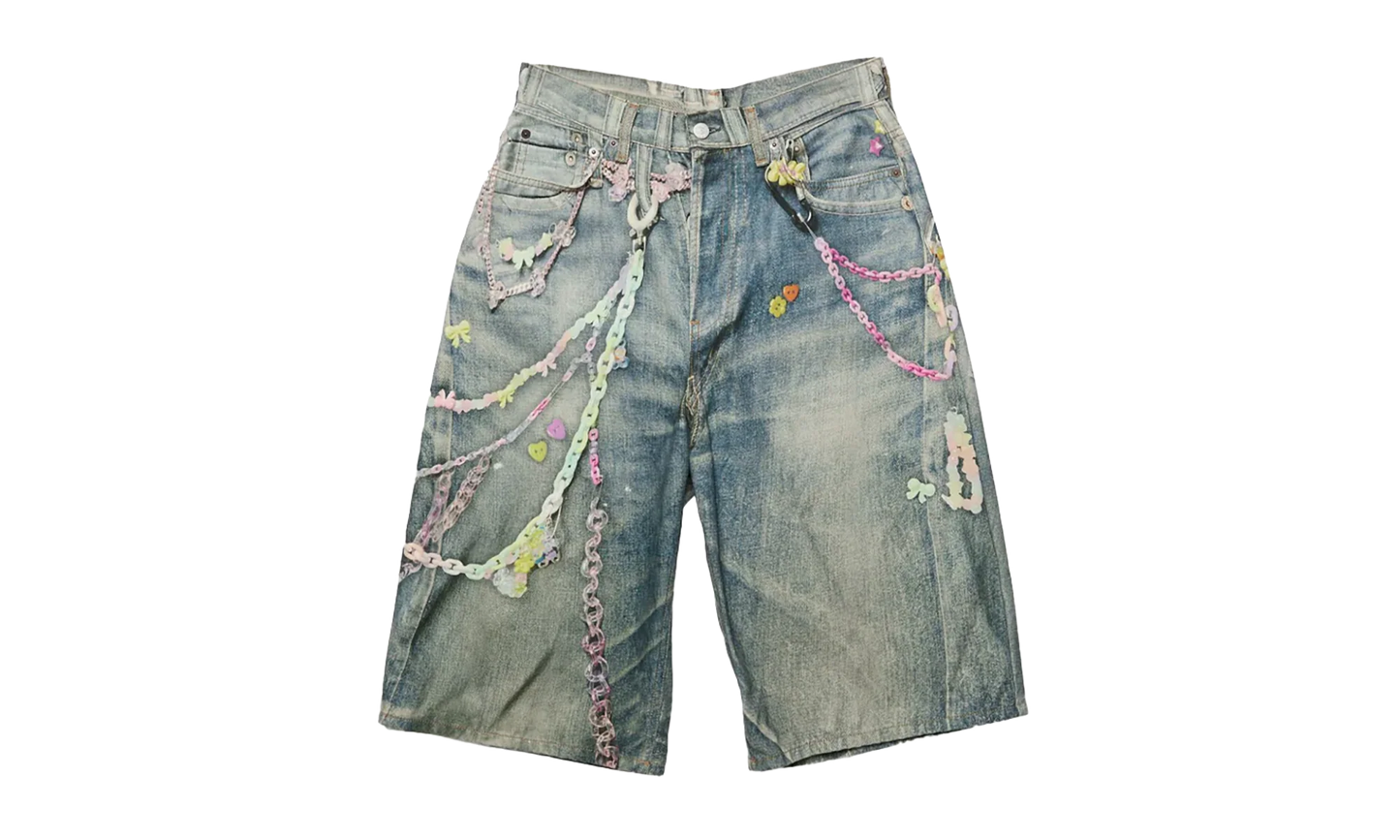 Loose Fit Denim Shorts "Trompe L'oeil Keychains Print" FN MN SHOR000264 MID INDIGO