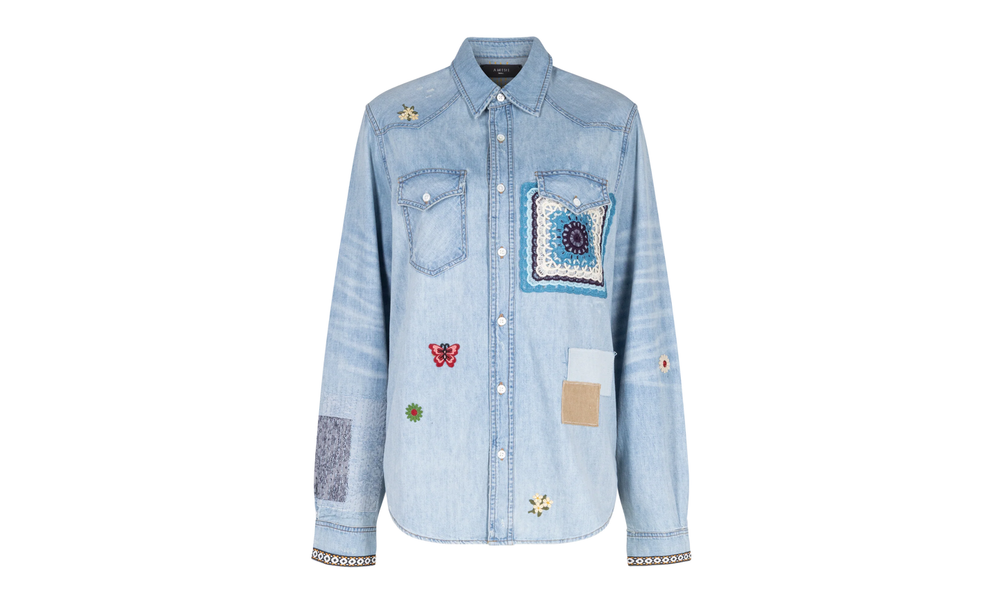 Crochet And Patch Denim Shirt "Blue" XTPS 0219
