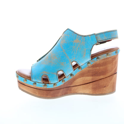 Bed Stu Naiya F399026 Womens Blue Leather Hook & Loop Wedges Heels Shoes