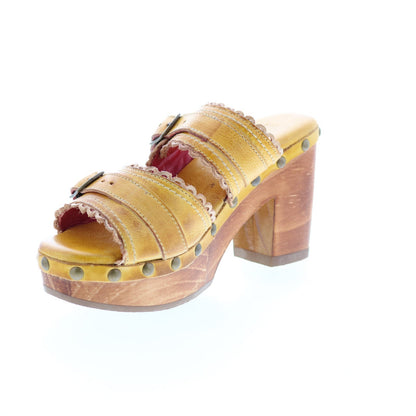 Bed Stu Poly F399033 Womens Yellow Leather Hook & Loop Wedges Heels Shoes