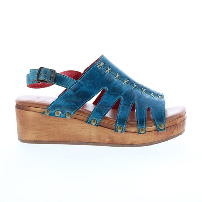 Bed Stu Robin F399045 Womens Blue Leather Hook & Loop Wedges Sandals Shoes