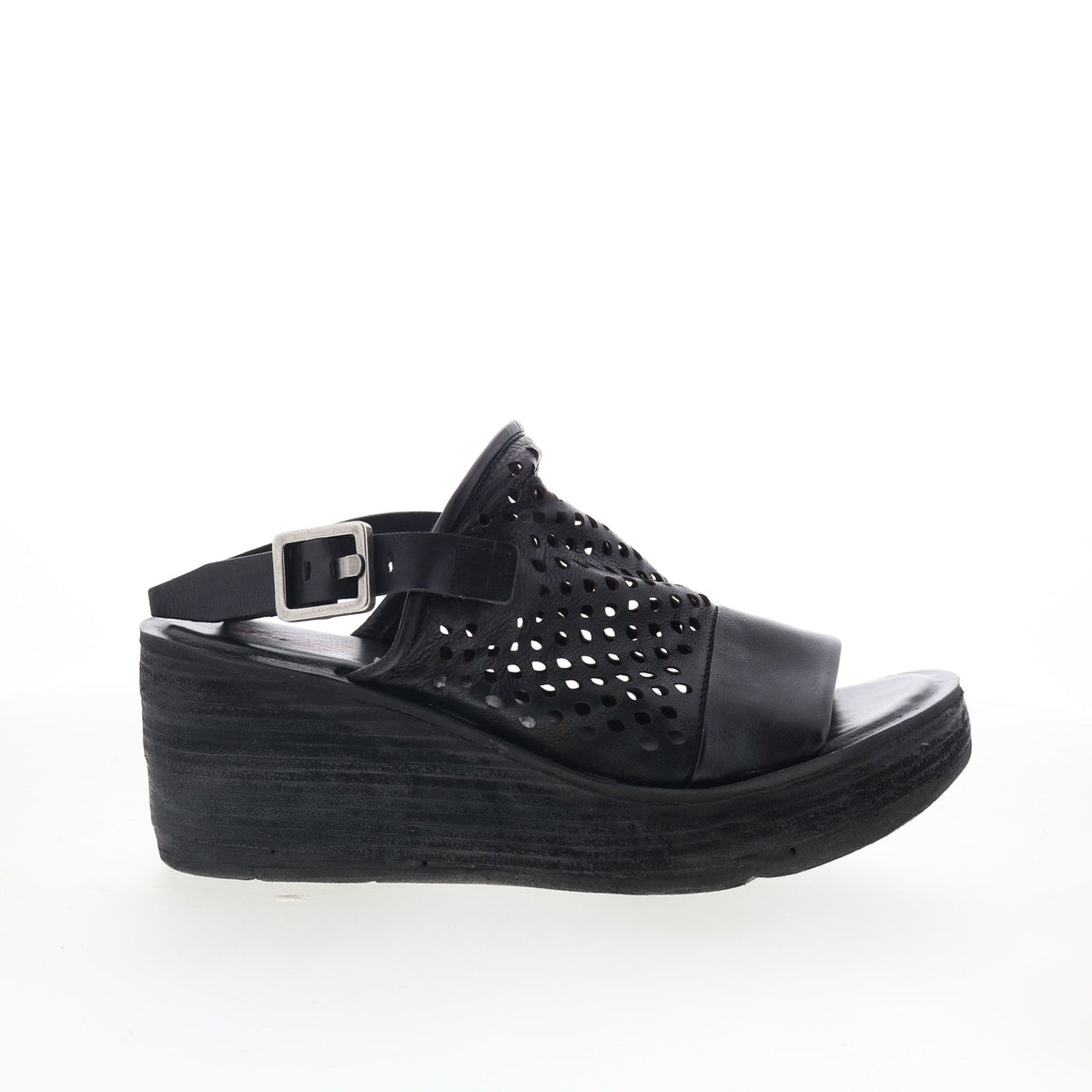 Normie Womens Black Leather Hook & Loop Wedges Sandals Shoes